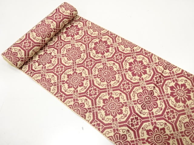 JAPANESE KIMONO / ANTIQUE BOLT FOR HASSUN OBI / WOVEN FLORAL SHOKKOMON